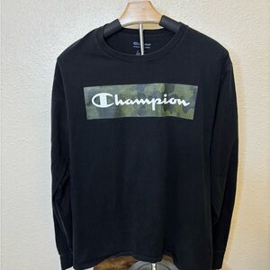 Champion Shirt Men's Size Medium Long Sleeve With Camo Logo Black